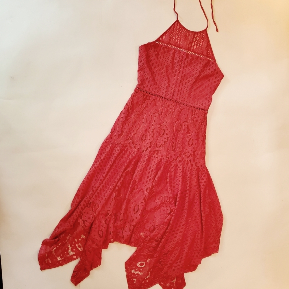 Parker Lace Asymmetrical Hem Halter Coral Dress